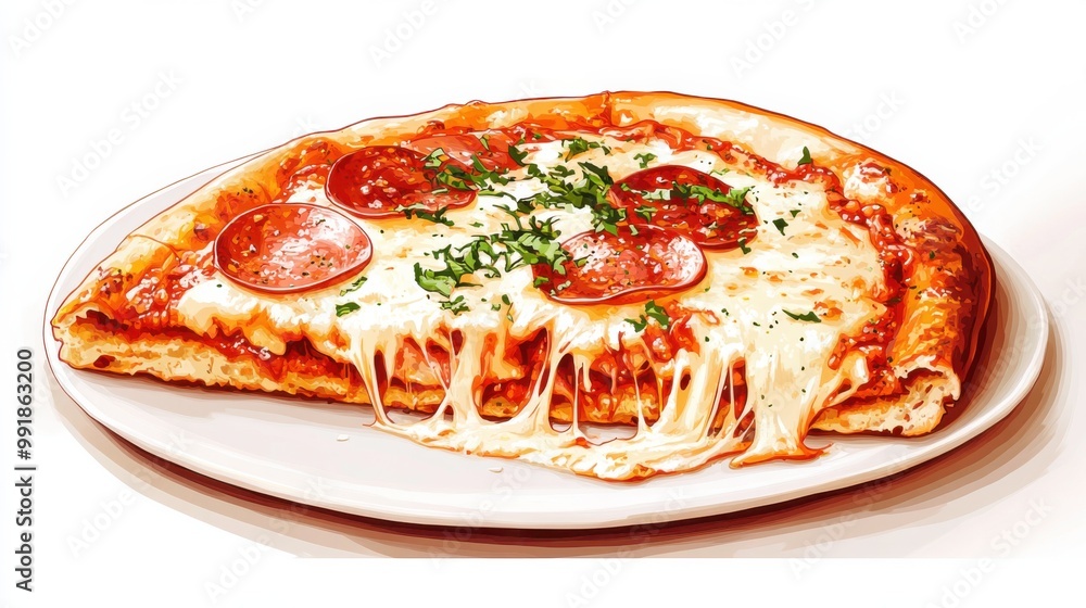 A slice of pizza with simplified cheese and pepperoni, flat color illustration A slice of pizza with simplified cheese and pepperoni, flat color illustration