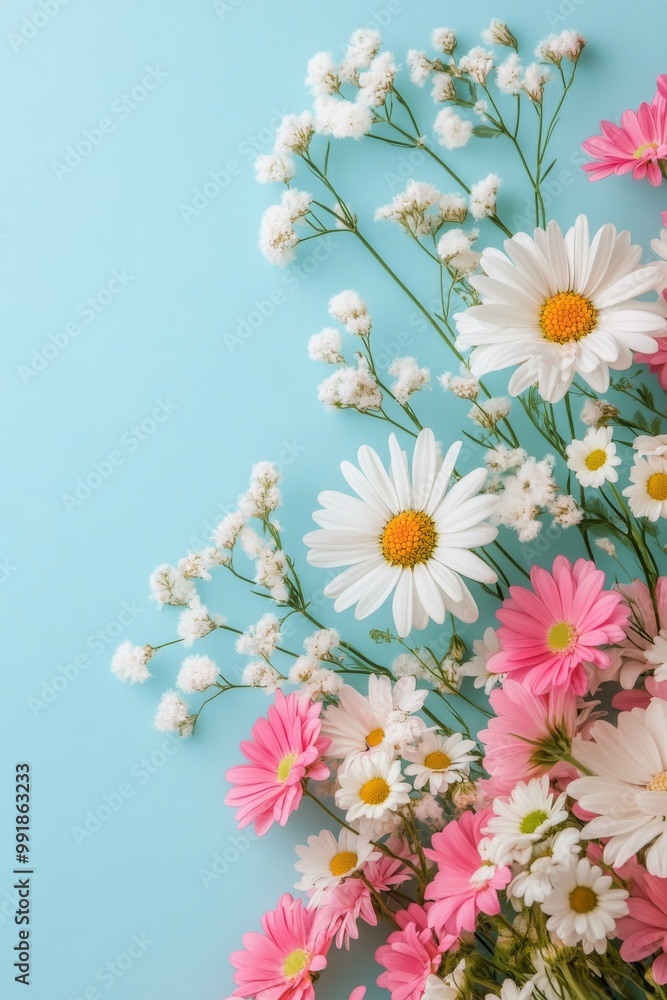 Fototapeta premium A vibrant arrangement of pink and white flowers on a light blue background in springtime