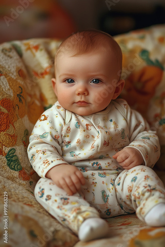 newborn baby in warm pajamas sitting photo