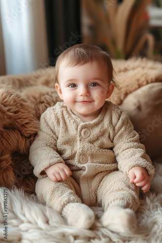 newborn baby in warm pajamas sitting photo