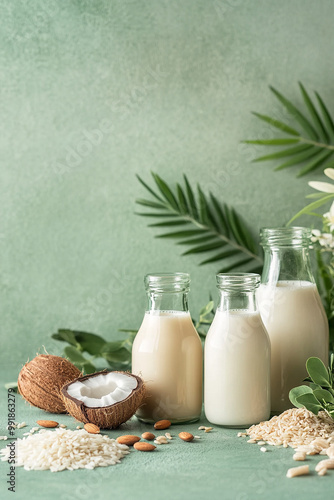 Non-dairy plant-based milks in bottles such as almond, coconut, rice and ingredients next to the bottles. on a pastel green background photo