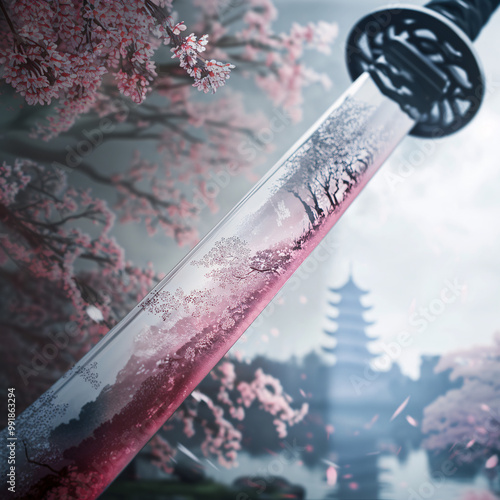 Close-up of katana sword reflecting cherry blossoms and traditional Japanese pagoda, blending sword craftsmanship with serene nature and falling petals in a peaceful Japanese setting photo