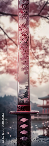 Close-up of katana sword reflecting cherry blossoms and traditional Japanese pagoda, blending sword craftsmanship with serene nature and falling petals in a peaceful Japanese setting photo