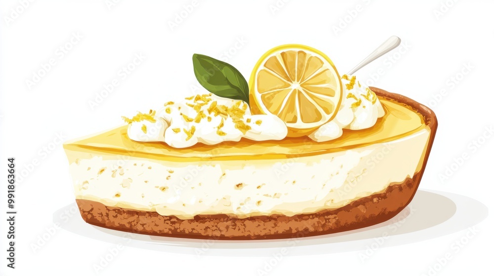 A slice of ricotta cheesecake with lemon zest, flat color illustration A slice of ricotta cheesecake with lemon zest, flat color illustration