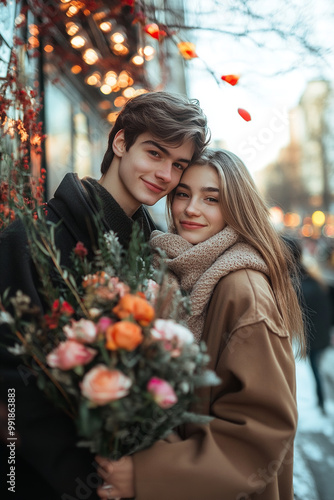 Picture showing young couple with flowers dating in the city photo