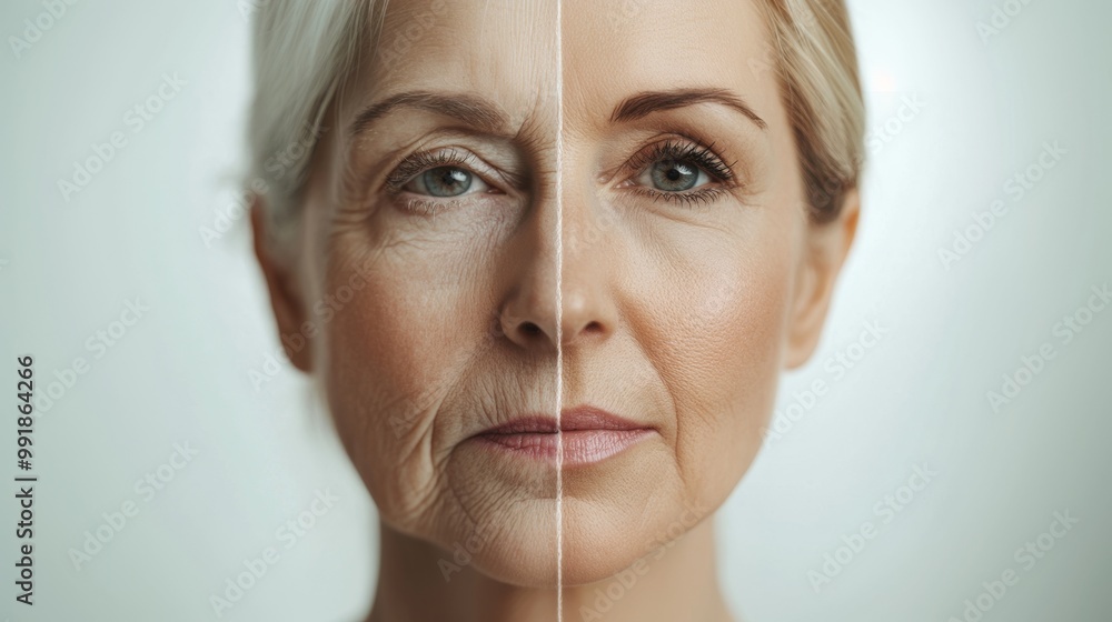 Comparative view of an older woman's face highlighting aging and youthful skin Comparative view of an older woman's face highlighting aging and youthful skin