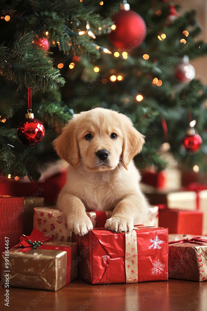Puppy surrounded by gift boxes under a Christmas tree