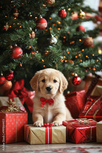 Puppy surrounded by gift boxes under a Christmas tree photo