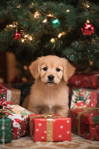 Puppy surrounded by gift boxes under a Christmas tree photo