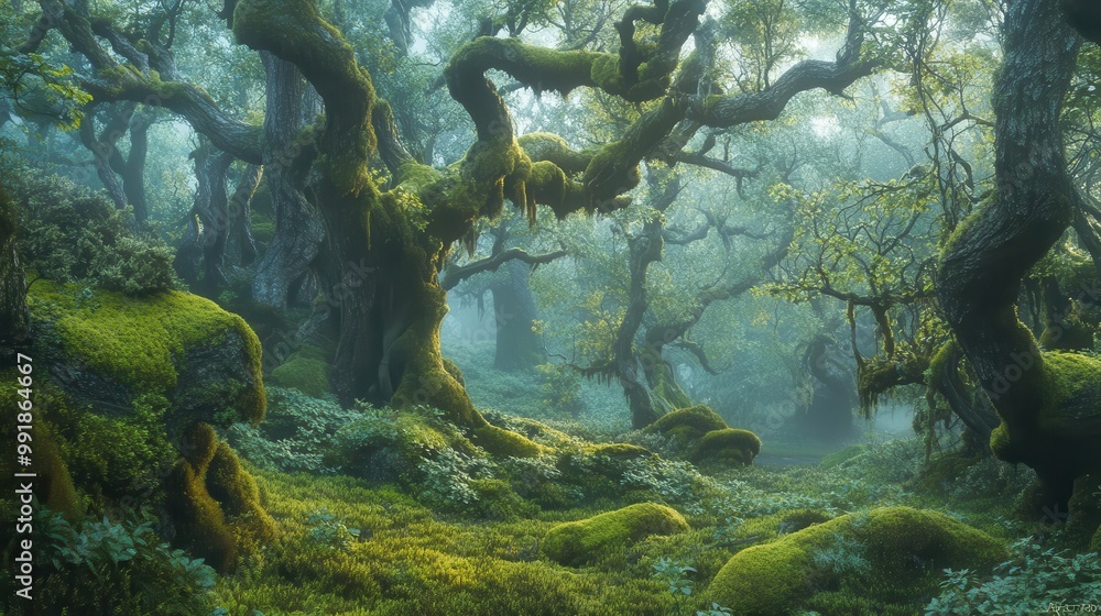 enchanting scandinavian forest scene ancient trees draped in lush green moss misty atmosphere evoking mystical woodland ambiance enchanting scandinavian forest scene ancient trees draped in lush green moss misty atmosphere evoking mystical woodland ambiance