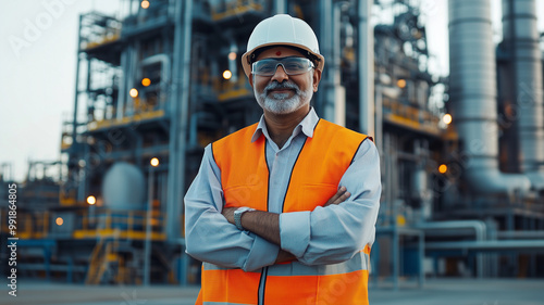 Senior indian Engineer wearing glasses helmet and safety vest in front of an industrial power plant or factory. Experienced, highly educated Indian civil or industrial engineer. Middle-aged man, weari photo