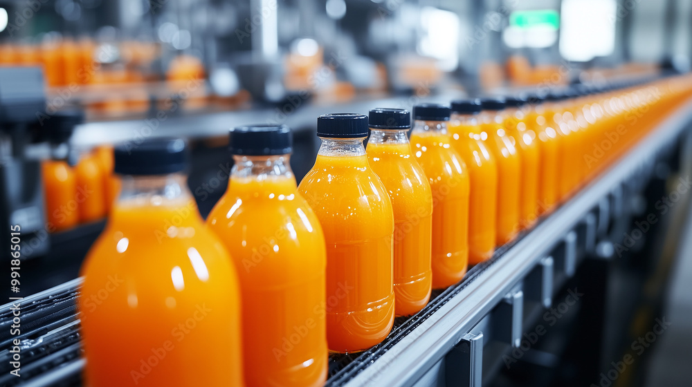 Nowoczesna fabryka z przemysłowym przenośnikiem, na którym przemieszcza się rząd butelek wypełnianych naturalnym sokiem. Nowoczesna fabryka z przemysłowym przenośnikiem, na którym przemieszcza się rząd butelek wypełnianych naturalnym sokiem.