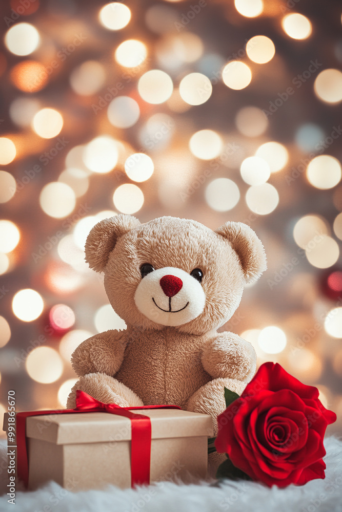 Teddy bear with gift box and rose on bokeh background. Teddy bear with gift box and rose on bokeh background.