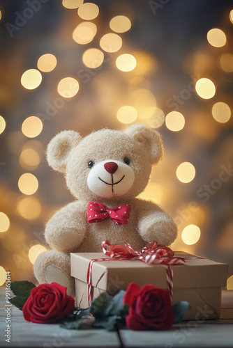 Wallpaper Mural Teddy bear with gift box and rose on bokeh background. Torontodigital.ca