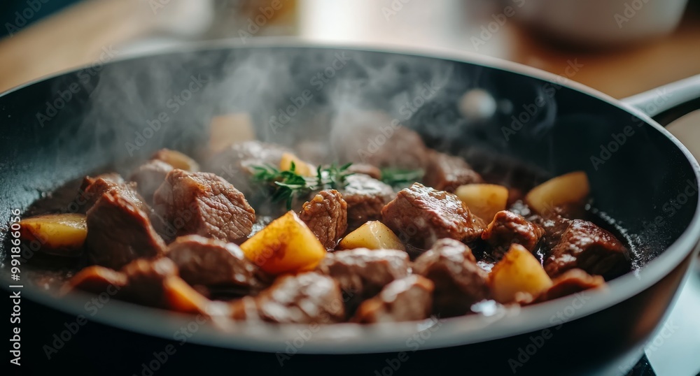 Sizzling beef chunks with potatoes and herbs cooking on a stovetop in a cozy kitchen Sizzling beef chunks with potatoes and herbs cooking on a stovetop in a cozy kitchen