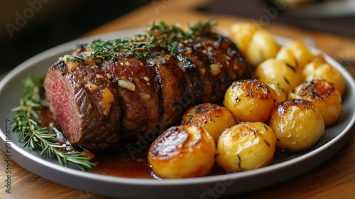 Roasted beef tenderloin with roasted potatoes on a gray plate.