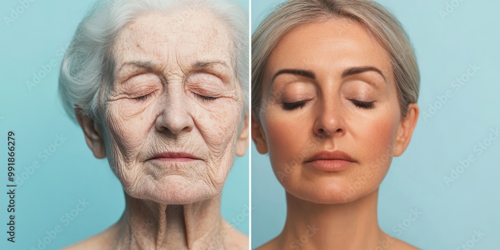 Evolution of beauty through the years: contrasting the aged and youthful faces of a woman Evolution of beauty through the years: contrasting the aged and youthful faces of a woman