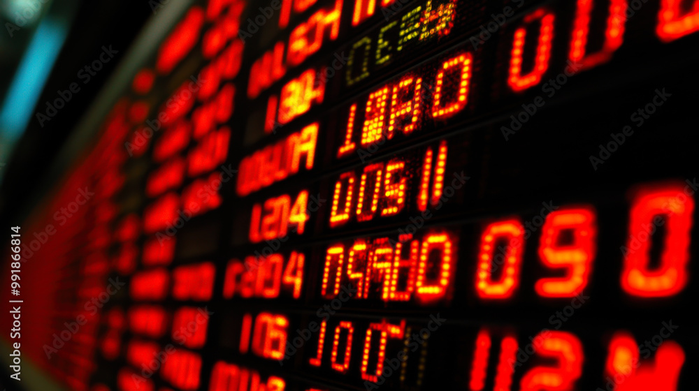 Stock market display board showing fluctuating numbers in red during a trading session in an urban financial district Stock market display board showing fluctuating numbers in red during a trading session in an urban financial district