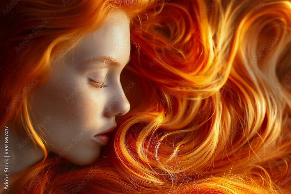 A young woman rests her head against her luxurious red hair, which cascades gently around her. Soft sunlight highlights the rich colors and the serene expression on her face A young woman rests her head against her luxurious red hair, which cascades gently around her. Soft sunlight highlights the rich colors and the serene expression on her face