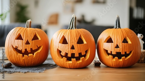 Three carved pumpkins with smiling faces on a wooden table.