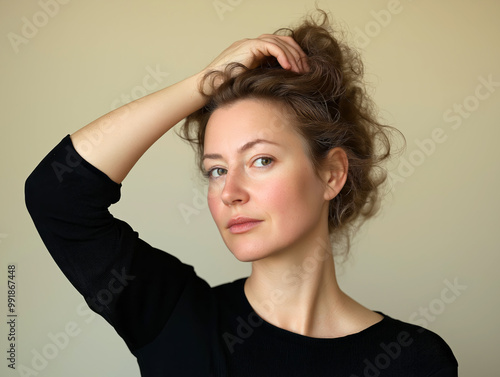 Natural portrait of a confident woman with curly hair in a relaxed pose, wearing a black shirt