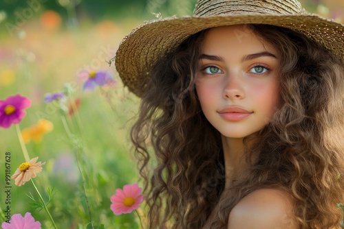 Portrait of a beautiful girl in a straw hat among the spring flowers. Beautiful young woman with long curly hair on the background of a field of colorful flowers with geneative ai