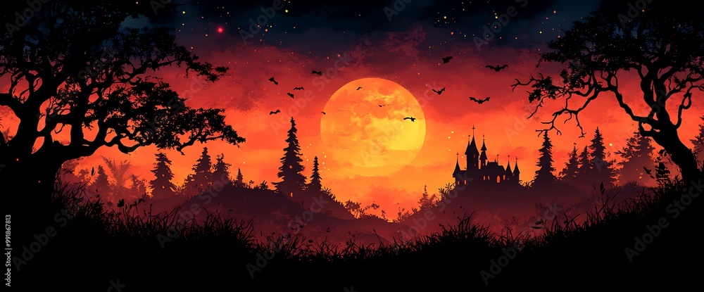 Silhouetted trees, a castle, and a full moon against an orange sky. Silhouetted trees, a castle, and a full moon against an orange sky.