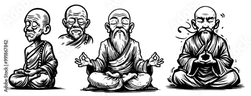 collection of meditating old monk illustrations in peaceful black and white vector