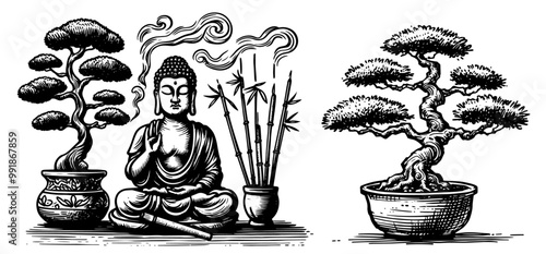 detailed vector set of buddha and bonsai tree in black and white line art