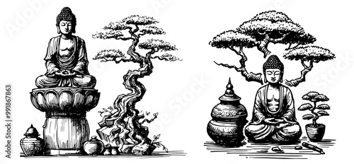 artistic set of buddha and bonsai tree in black and white line art style