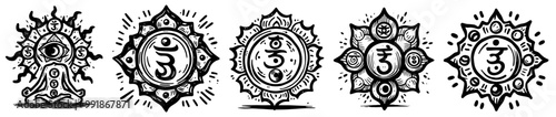 collection of chakra symbols in black and white vector line art style