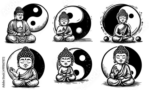 playful cartoon little buddha with yin yang meditating in black and white vector