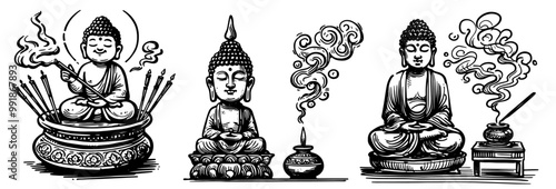 zen buddha and incense set in whimsical cartoon style black and white vector