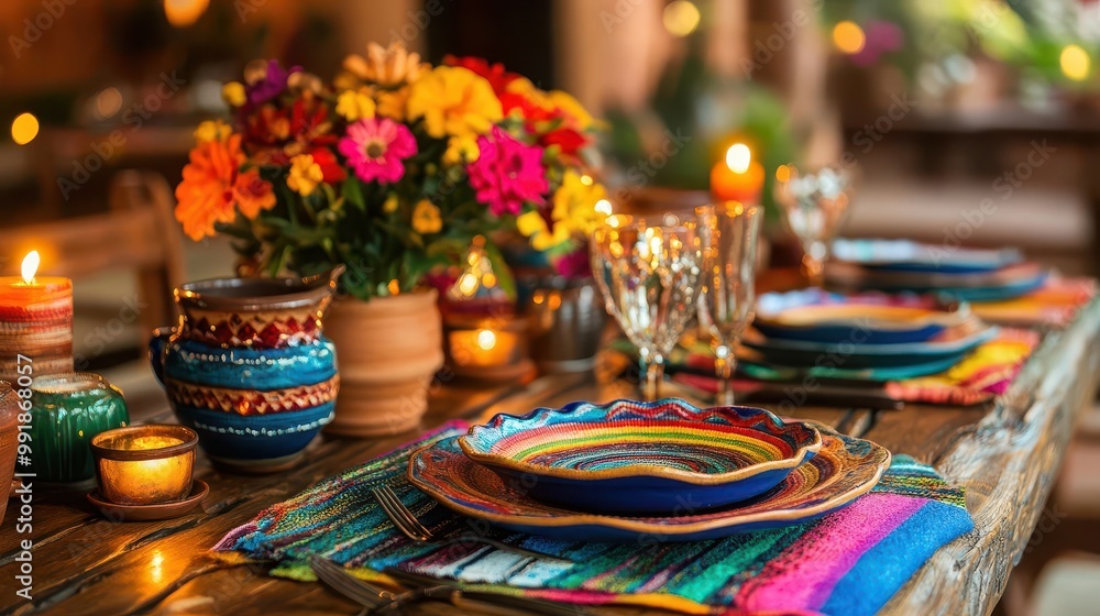 festive cinco de mayo table setting with vibrant mexicaninspired decor colorful textiles traditional pottery and fresh flowers create inviting atmosphere warm lighting enhances mood festive cinco de mayo table setting with vibrant mexicaninspired decor colorful textiles traditional pottery and fresh flowers create inviting atmosphere warm lighting enhances mood