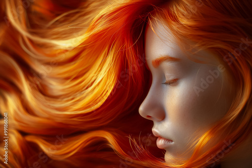 A young woman with vibrant orange hair rests peacefully, her eyes closed, as soft light enhances the wavy strands that cascade around her. The ambiance is calm and serene