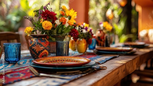 festive cinco de mayo table setting with vibrant mexicaninspired decor colorful textiles traditional pottery and fresh flowers create inviting atmosphere warm lighting enhances mood