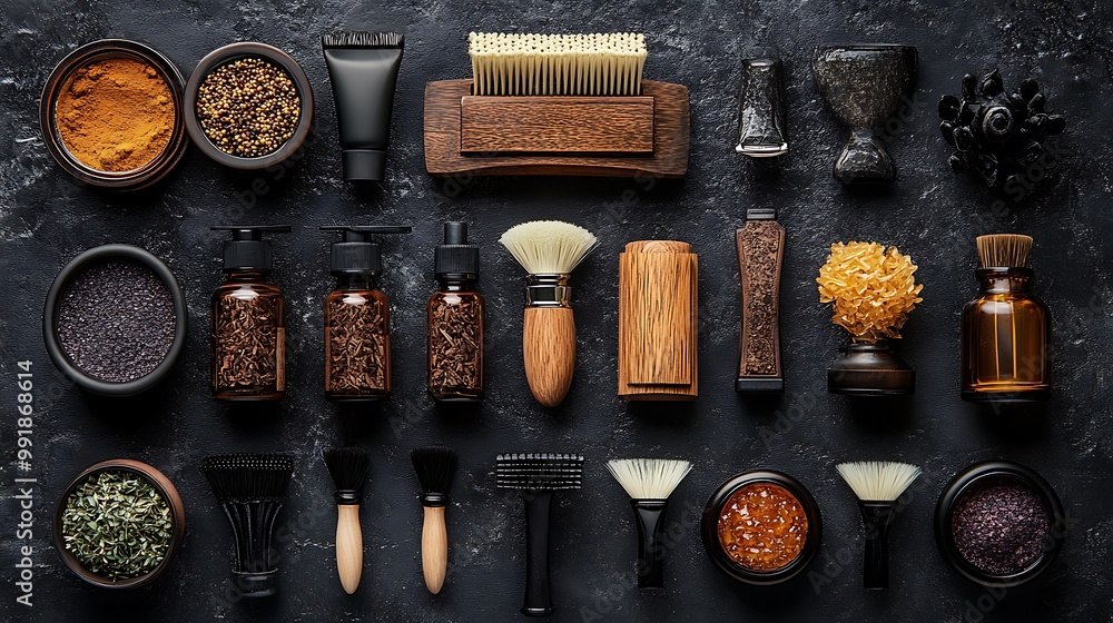 A flat lay of various grooming tools and ingredients for men's skincare on a black background. A flat lay of various grooming tools and ingredients for men's skincare on a black background.