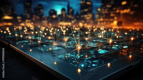 Laptop with glowing connections, representing a network, on a dark background of a city with lights.