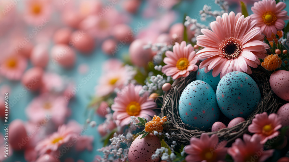 Collage of Easter elements including colorful eggs, flowers, and baskets, ideal for holiday decoration or festive mockups. Collage of Easter elements including colorful eggs, flowers, and baskets, ideal for holiday decoration or festive mockups.