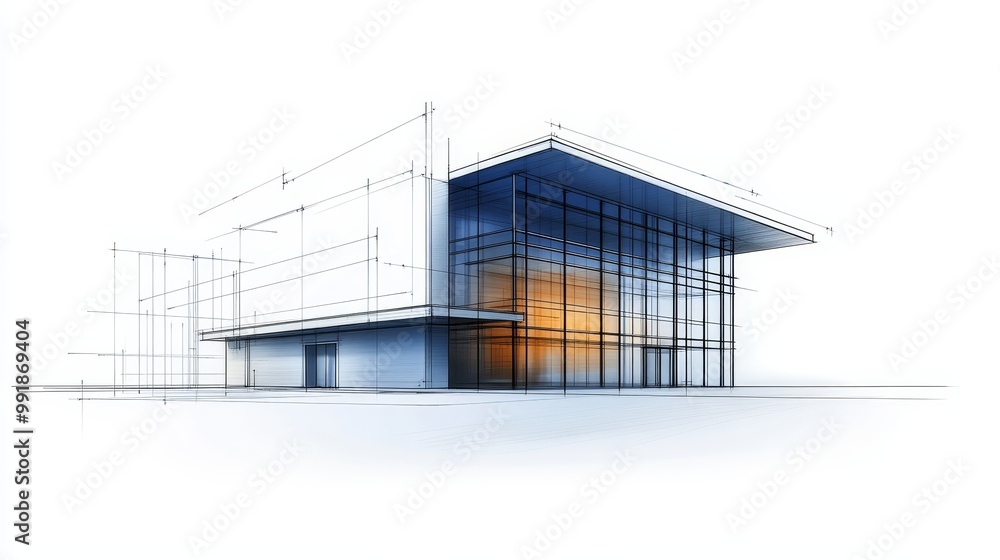 Modern Architectural Sketch of a Glass Building with a Minimalist Design and a Large Window Facade. Modern Architectural Sketch of a Glass Building with a Minimalist Design and a Large Window Facade.