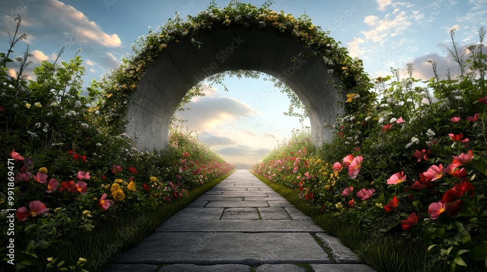 Fototapeta premium Serene Garden Pathway Under Stone Archway