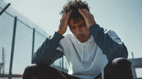 A man in athletic wear with a tired and disheartened look, holding his head in his hands