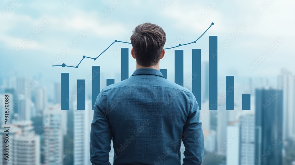 Fototapeta premium Businessman analyzing graphs and data on city background, modern skyline, professional growth concept.