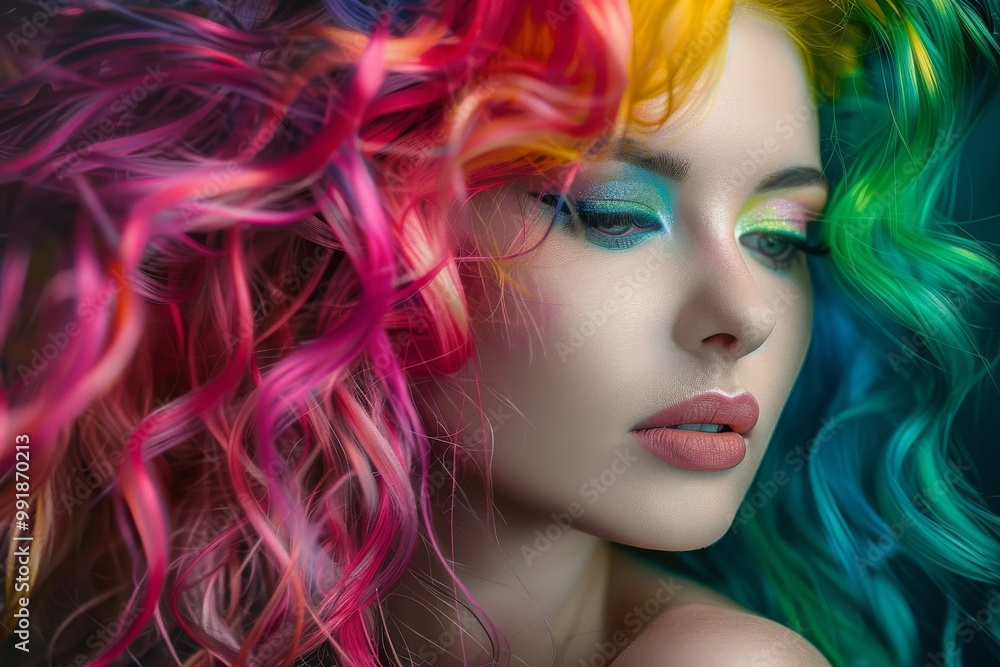 Fototapeta premium Young woman shows off bright multi-colored curls, highlighting bold makeup and colorful hair. Close-up
