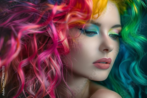 Young woman shows off bright multi-colored curls, highlighting bold makeup and colorful hair. Close-up