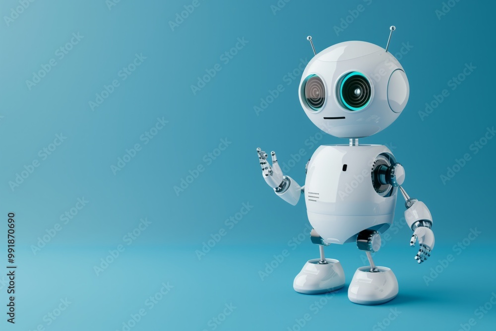 Cute little robot on blue background with space for text Cute little robot on blue background with space for text