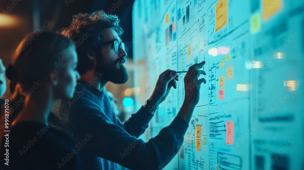 Collaborative brainstorming session at night with creative individuals analyzing ideas on a digital display in a modern workspace Collaborative brainstorming session at night with creative individuals analyzing ideas on a digital display in a modern workspace