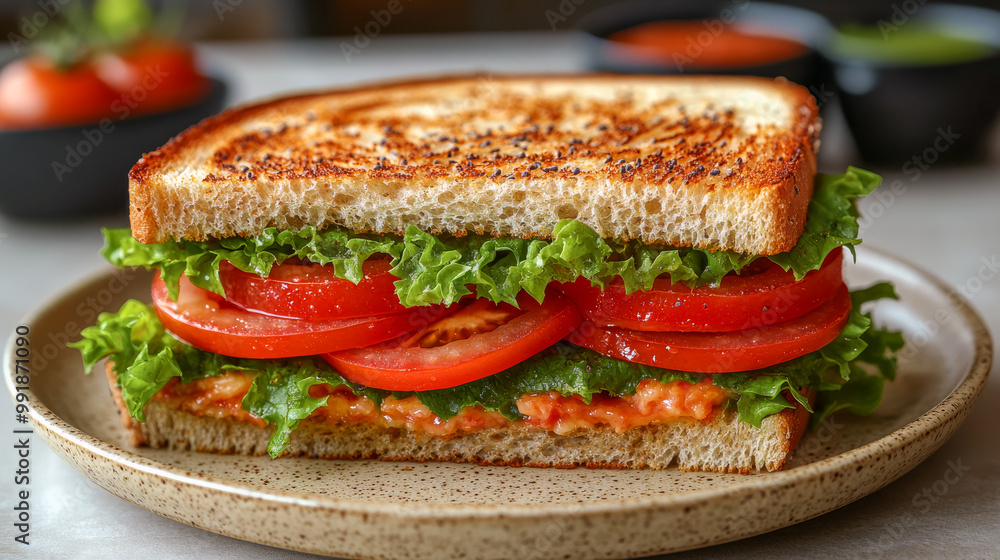 A wholesome grilled chicken sandwich on multigrain bread, filled with fresh lettuce and tomatoes, served on a ceramic plate for a healthy meal option.. A wholesome grilled chicken sandwich on multigrain bread, filled with fresh lettuce and tomatoes, served on a ceramic plate for a healthy meal option..