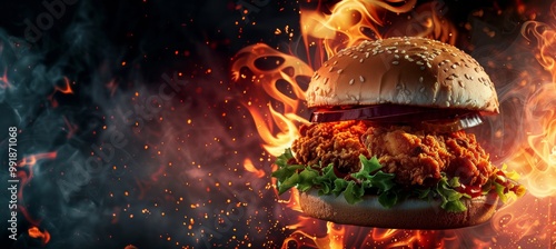 hot spicy chicken burger with fiery flames on dark background for ads