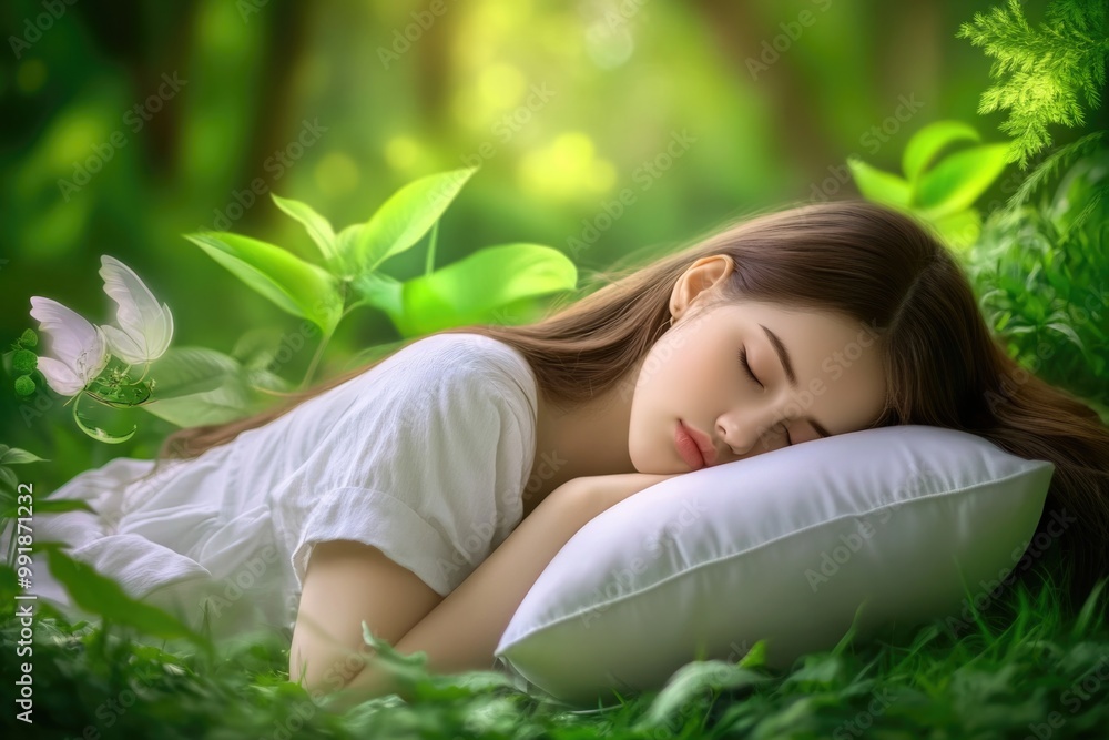 Serene woman resting in lush greenery with butterfly amidst nature's bliss Serene woman resting in lush greenery with butterfly amidst nature's bliss